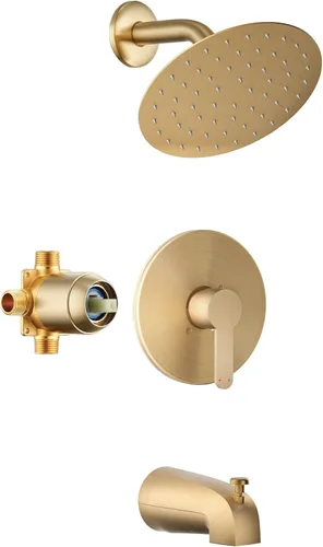 Grifo de Tina y Ducha, Juego de Grifo de Ducha de Oro Cepillado con Cabezal de Ducha de Lluvia de 8 Pulgadas Todo Metálico y Boquilla de Bañera, Kit