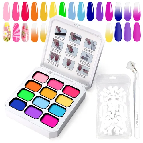 Miniatura 17 de Gel de Pintura con Degradado, 12 Colores Brillantes de Esmalte de Uñas en Gel Ombré para Uñas con Pigmento Pat Aura, Manicura Francesa DIY, Arte