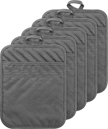 Miniatura 8 de Juego de 5 agarraderas de algodón con bolsillo para cocina, resistentes al calor, lavables a máquina, almohadillas calientes, guantes de horno a