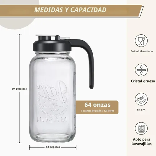 Miniatura 2 de Set de 2, Jarra de Vidrio con Tapa - Jarra de Albañil de 2 Quart con Filtro, Jarra de Boca Ancha a Prueba de Fugas, Envase Resistente para Agua