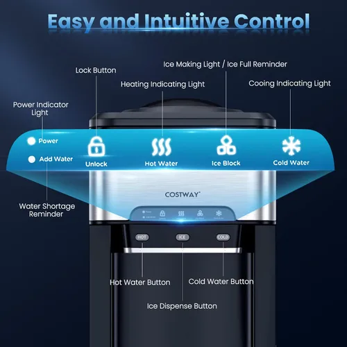 Miniatura 5 de COSTWAY Dispensador de agua 3 en 1 con máquina de hielo, máquina enfriadora de agua caliente y fría de carga superior para el hogar, bloqueo