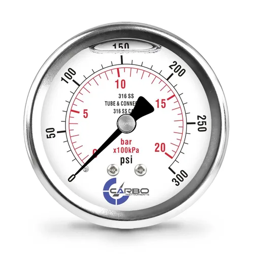 Medidor de presión relleno de líquido de 300 PSI, dial de 2.5 pulgadas, montaje trasero 1/4 NPT, estuche 316 SS, 316 piezas mojadas SS, PSI/barra de