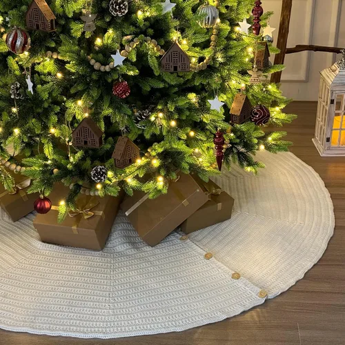 Miniatura 14 de Falda de árbol de Navidad de punto acanalado de 36 pulgadas con botones de roble, borgoña