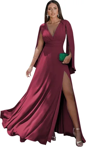 Miniatura 13 de Women's Long Sleeve Bridesmaid Dresses V-Neck Chiffon Ruched Formal Dress Evening Gown with Slit