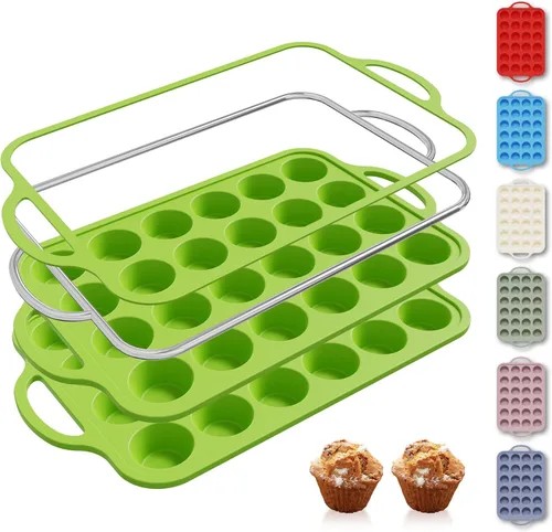 Miniatura 38 de 2 paquetes de 12 tazas de molde para magdalenas de silicona para hornear con marco reforzado de metal, molde para cupcakes de tamaño regular, Crema