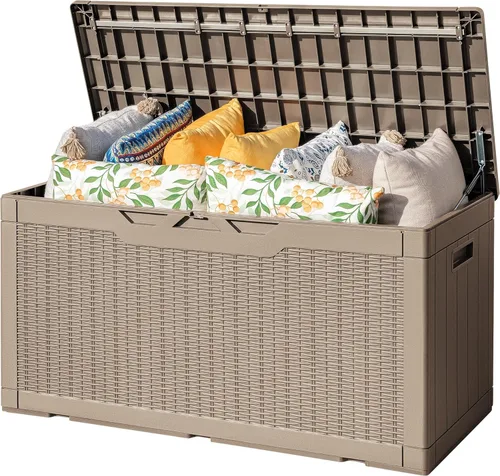 Miniatura 15 de Flamaker Caja de almacenamiento para exteriores de 80 galones, caja de resina impermeable para cubierta con textura de madera, caja de entrega