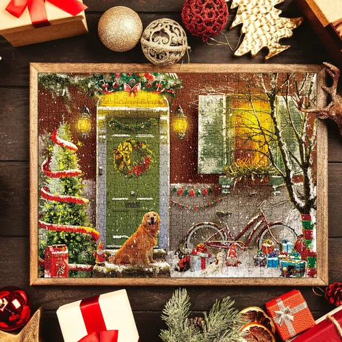 Miniatura 7 de Lavievert Rompecabezas de 500 piezas para adultos, Navidad en la puerta, sonriente Golden Retriever