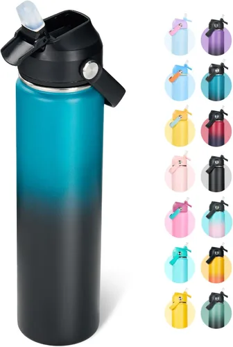 Miniatura 22 de Fijinhom Botella de agua aislada de acero inoxidable de 18 oz, de boca ancha, de doble pared, con vacío, con pajita de silicona, a prueba de sudor
