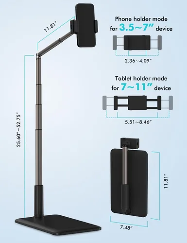 Miniatura 4 de Viozon Soporte de Piso para Tablet con Brazo Largo Flexible y Soporte para Teléfono, Ajustable en Ángulo 360°, Aleación de Aluminio, para Cama