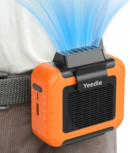 Mini ventilador de cintura portátil recargable con tiempo de trabajo de 23 horas, flujo de aire fuerte de 6200 RPM, 3 niveles de velocidad, Naranja