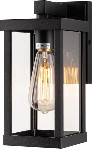 mirrea Aplique de pared clásico para exteriores de 11 pulgadas, marco de metal rectangular negro mate y pantalla de vidrio transparente, luz