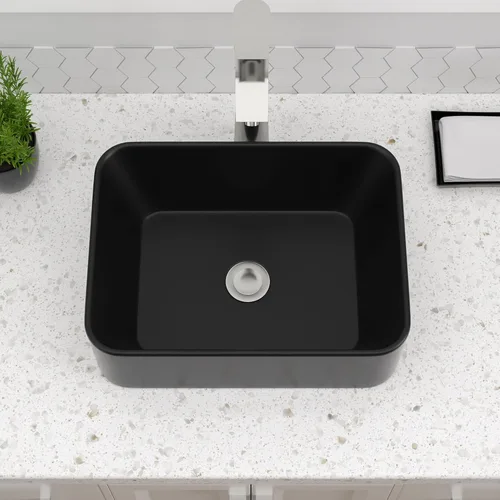 Miniatura 3 de Dcolora Lavabo de Recipiente Negro Rectangular de 40,6 x 30,5 cm Negro Mate Lavabo de Baño Rectangular sobre Encimera Cerámica Porcelana Lavadero