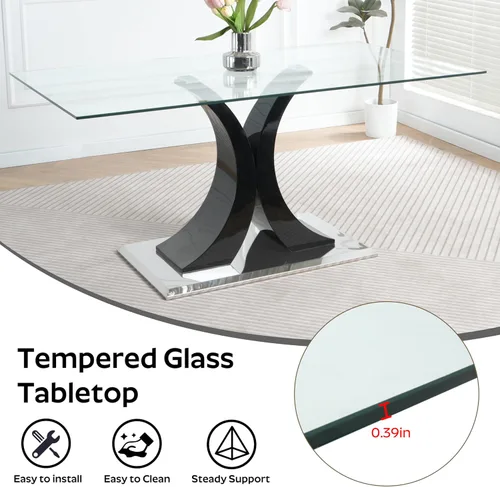 Miniatura 7 de Juego de comedor moderno de vidrio de lujo de 5 piezas, juego de cena rectangular minimalista grande para 4, juego de mesa de cocina de vidrio