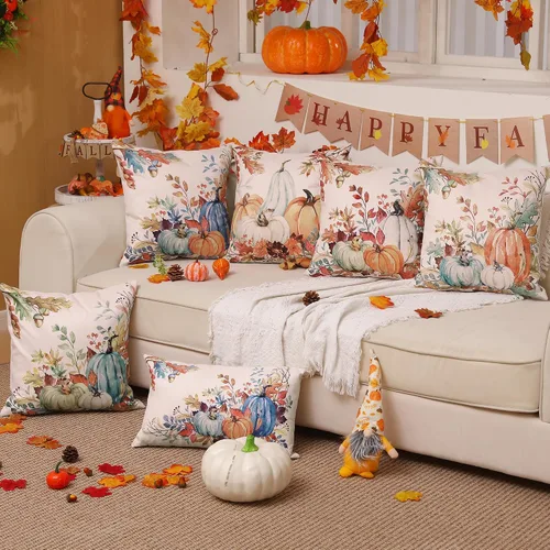 Miniatura 6 de DFXSZ Fundas de almohada de otoño de 16 x 16 pulgadas, juego de 2 fundas decorativas de otoño de hojas caídas de calabaza en acuarela azul y verde