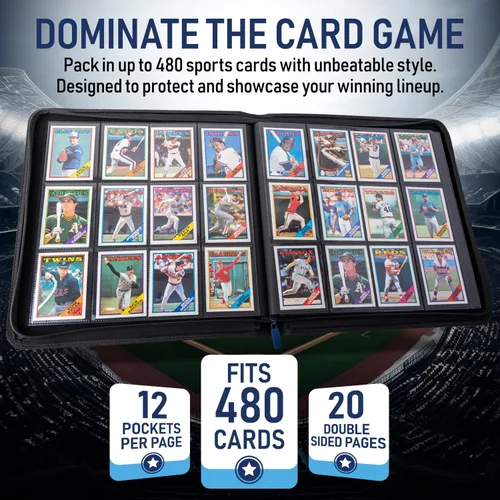 Miniatura 3 de Carpeta de tarjetas TCG prémium para 480 bolsillos laterales de carga Carpeta de tarjetas comerciales deportivas de 12 bolsillos con cremallera