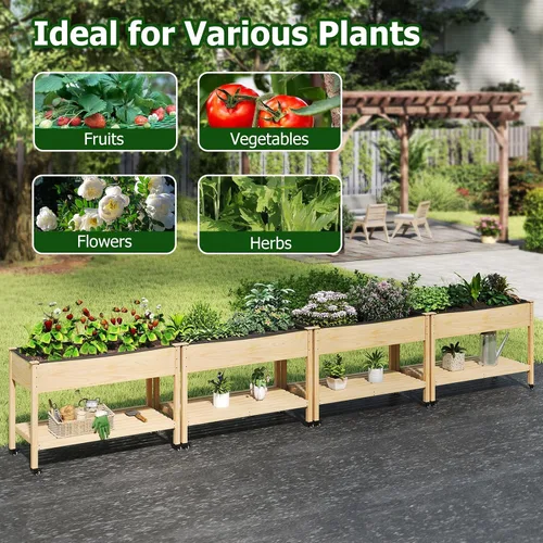 Miniatura 9 de Giantex Cama de jardín elevada móvil, maceta de madera con ruedas, estante de almacenamiento y forro, cama elevada enrollable de 47 x 23 x 33