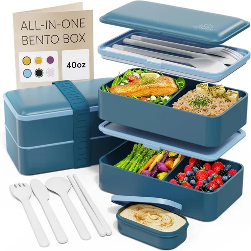 Miniatura 17 de Umami Cajas de almuerzo con 4 utensilios, tarro de salsa, Caja bento apilable que ahorra espacio para adultos, 100% a prueba de fugas, contenedores