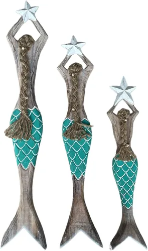 Miniatura 5 de OMA Escultura de sirena de madera para decoración de pared, playa náutica costera, sirena, estrella, estatua colgante, decoración del hogar, grande