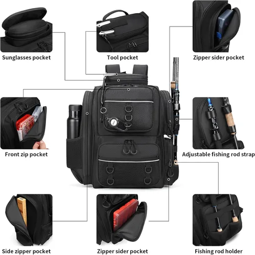 Miniatura 2 de WANOON - Mochila para pesca, bolsa de pesca con soportes para cañas. Mochila de aparejos grande con materiales resistentes Negro