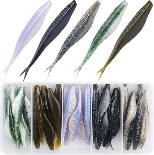 Miniatura 8 de Cebos de pesca de cola de pala, 5 piezas/15 piezas/25 piezas/30 piezas/40 señuelos de plástico suave Jerkbait para pesca de lubina Plata Gris