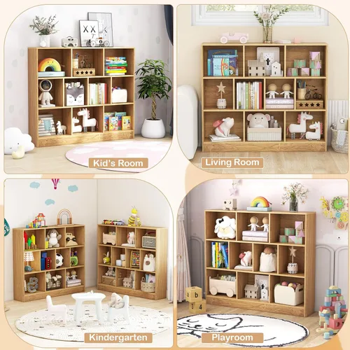 Miniatura 7 de HONEY JOY Organizador de almacenamiento de juguetes para niños, gabinete de almacenamiento de piso de madera de 10 secciones, baúl de juguetes