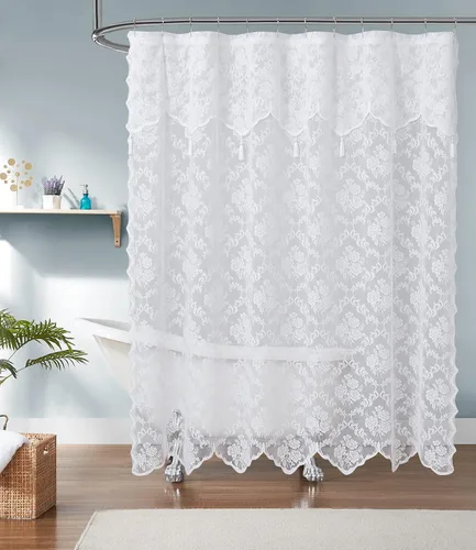 Miniatura 2 de Warm Home Designs Cortina de ducha de encaje blanco con cenefa adjunta y elegantes borlas. 72 x 84 pulgadas extra larga para baño. Lujo