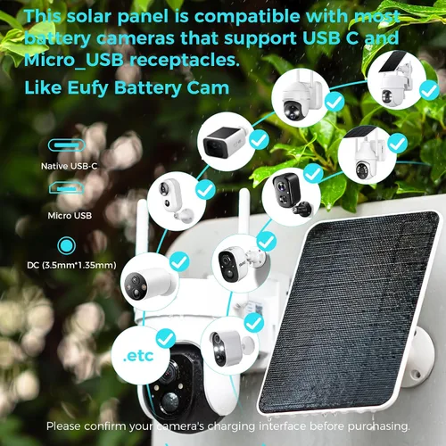 Miniatura 3 de Panel solar de 5 V para cámaras Seucrity, para Bird Feeder Trail Cam, Ring Tapo Eufy Vicohome Eseecloud, nativo USB-C, Micro-USB y DC 0.138 in*