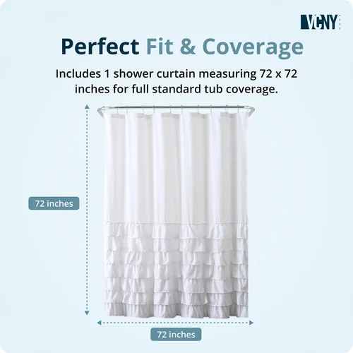 Miniatura 4 de VCNY Home Cortina de ducha de tela con volantes, color blanco melanie, 72 x 72 pulgadas, 100% poliéster, larga duración y fácil de limpiar, diseño