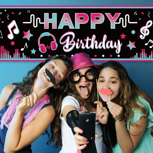 Miniatura 4 de Cartel de feliz cumpleaños de 71 x 16 pulgadas, decoración grande de tela para fiesta musical, telón de fondo, telón de fondo para cabina de fotos