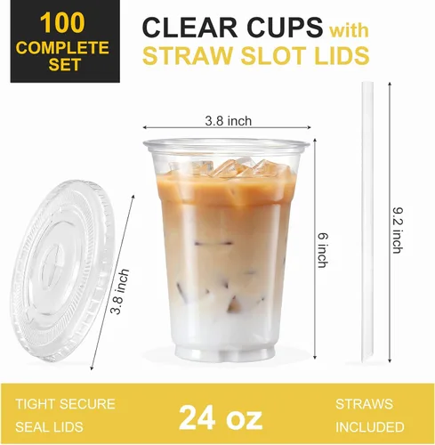 Miniatura 2 de VITEVER [100 Juegos - 24oz] Vasos de Plástico con Tapas y Pajitas, Vasos Desechables para Café Helado, Batidos, Malteadas, Bebidas Frías