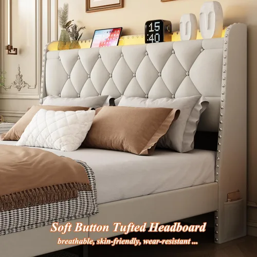 Miniatura 5 de Base de cama tamaño queen con cabecera de almacenamiento y 2 cajones, base de cama tapizada con botones capitoné, luces LED y estación de carga,