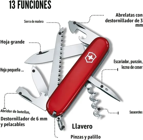 Miniatura 7 de Victorinox Camper – Navaja de bolsillo del Ejército Suizo con 13 funciones, color rojo