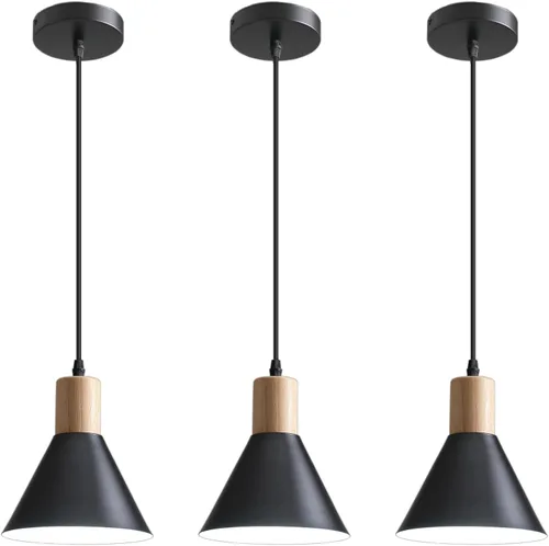 Miniatura 15 de Lámpara colgante moderna, de madera maciza, color negro mate, lámpara colgante de techo, iluminación colgante para cocina, isla, comedor, sala