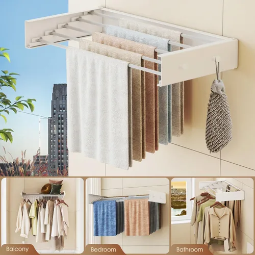 Miniatura 4 de LIENAHU Tendedero de secado de ropa (28 pulgadas blanco), estante de secado de ropa montado en la pared, soporte de pared para ropa, plegable