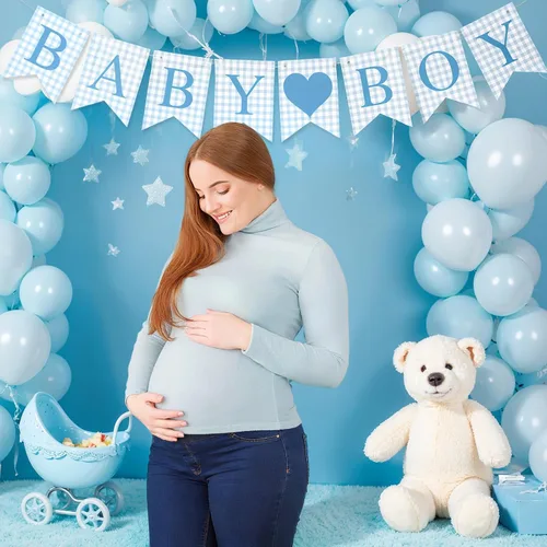 Miniatura 5 de Hahafelt 1 pieza de pancarta azul de gingham para bebé niño para decoraciones de fiesta Azul preencordada Baby shower, es un niño, pancarta de papel