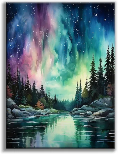 Miniatura 10 de Kits de pintura de diamantes de cielo estrellado Offito para adultos, kits de pintura de diamantes 5D Aurora Lake para principiantes, fantásticos