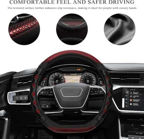 Miniatura 4 de Funda para volante de automóvil, protector de funda para volante antideslizante de 15 pulgadas con diseño de panal 3D, fundas universales para Rojo