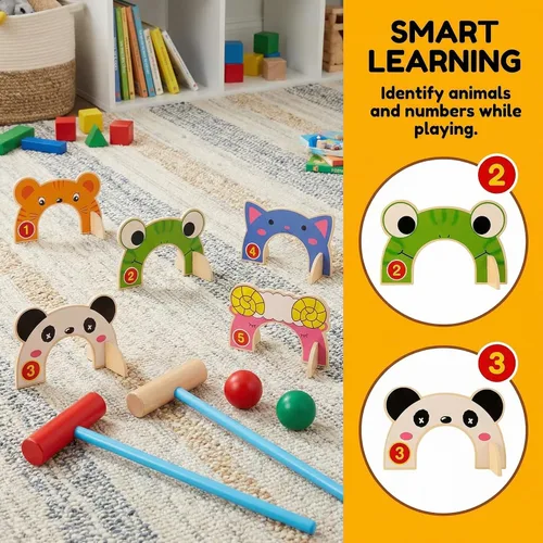 Miniatura 7 de Toddmomy Juego de croquet de madera de animales para niños, juego completo familiar para interiores y exteriores con 5 cubos de animales y 2 mazos