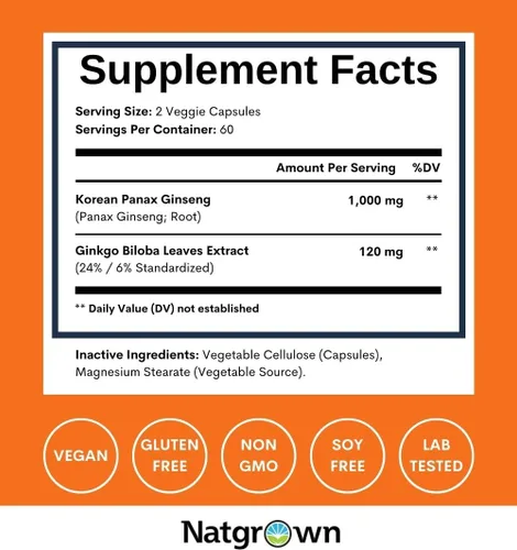 Miniatura 4 de Natgrown Panax - Suplemento de ginseng y ginkgo biloba, cápsulas de ginseng coreano rojo y ginko biloba para hombres y mujeres, apoya el enfoque