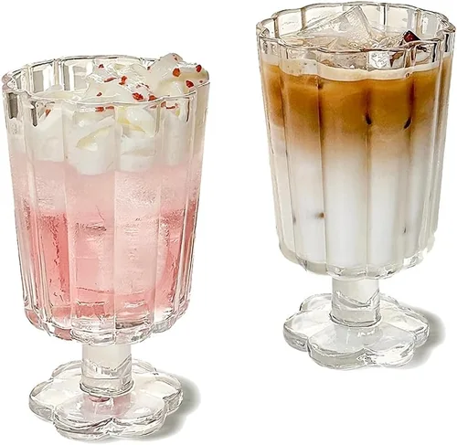 Juego de 2 vasos de helado con pies (transparente), copa de vidrio estilo pétalo de flor, adecuado para jugo, helado, cócteles, postres y más.