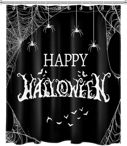 Miniatura 2 de LB Cortina de ducha espeluznante de Halloween, árbol muerto espeluznante con tela de araña de murciélago, cortina de ducha de baño con temática
