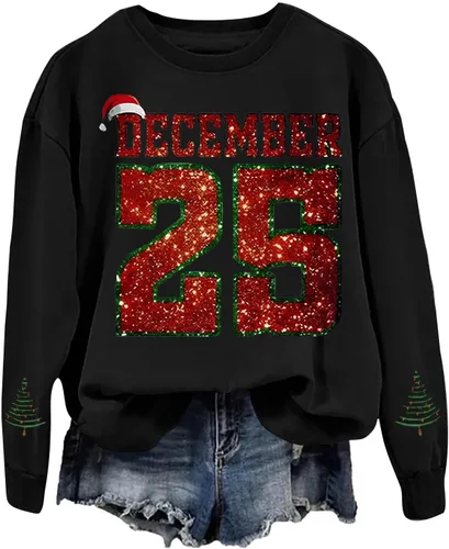 Miniatura 3 de Sudaderas navideñas para mujer, camisetas divertidas festivas del 25 de diciembre, letras con purpurina de moda, tallas S-3XL