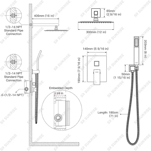 Miniatura 8 de Sistema de ducha montado a la pared, cromado, pulido, de lujo, para cuarto de baño, de SR Sun Rise Cromo pulido