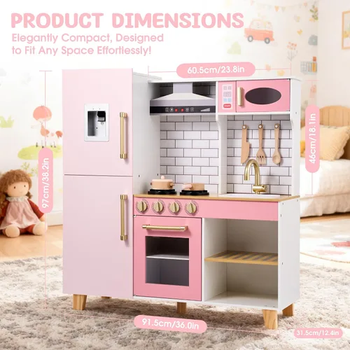 Miniatura 2 de Cocina de juego de madera para niños a partir de 3 años, cocina de juguete de simulación con luces y sonidos reales, estufa, fregadero, microondas