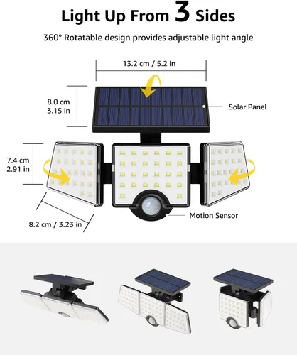 Miniatura 5 de LE - Luces solares para exteriores, luces solares para exteriores con sensor de movimiento, alto brillo WL4000, 3 cabezales ajustables ángulo