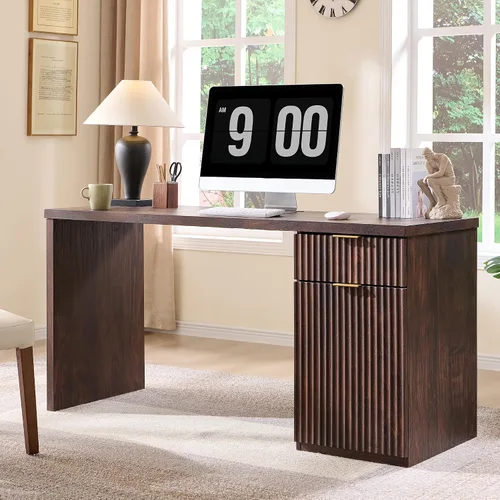 Miniatura 10 de JXQTLINGMU Escritorio ejecutivo moderno de 58 pulgadas con almacenamiento, escritorio de madera para oficina en casa con 5 cajones y 1 gabinete