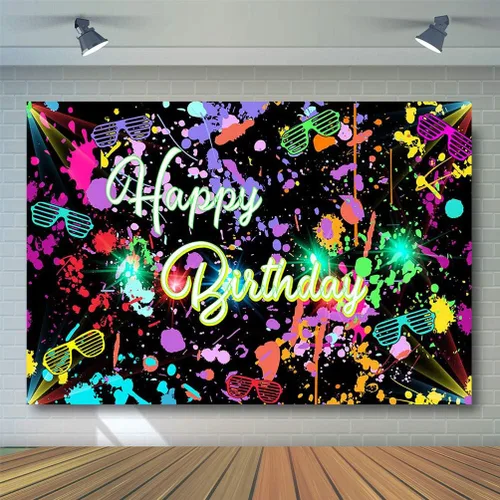 Miniatura 3 de Avezano Telón de fondo neón para fiesta de cumpleaños de 7 x 5 pies, que brilla en la oscuridad, salpicadura de grafiti de feliz cumpleaños
