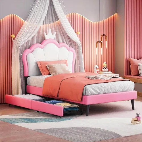Miniatura 19 de Elegante sofá cama tapizado de tamaño individual con cabecera en forma de oreja de conejo, para niños pequeños y niñas