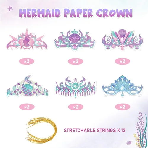 Miniatura 2 de WERNNSAI Coronas de fiesta de sirena, 12 piezas de decoración de fiesta de cumpleaños de sirena, coronas de princesa de papel con purpurina
