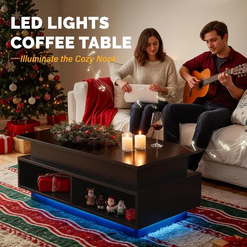 Miniatura 7 de YESHOMY Mesa de Centro Elevable de 40" con Almacenamiento Oculto y Luces LED Multicolor, Mesa Cuadrada Moderna de Madera con 4 Estantes Abiertos
